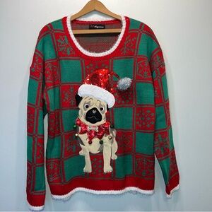 Ugly Christmas Sweater Pug Dog Red Green 3D Sequin Bells Size XL